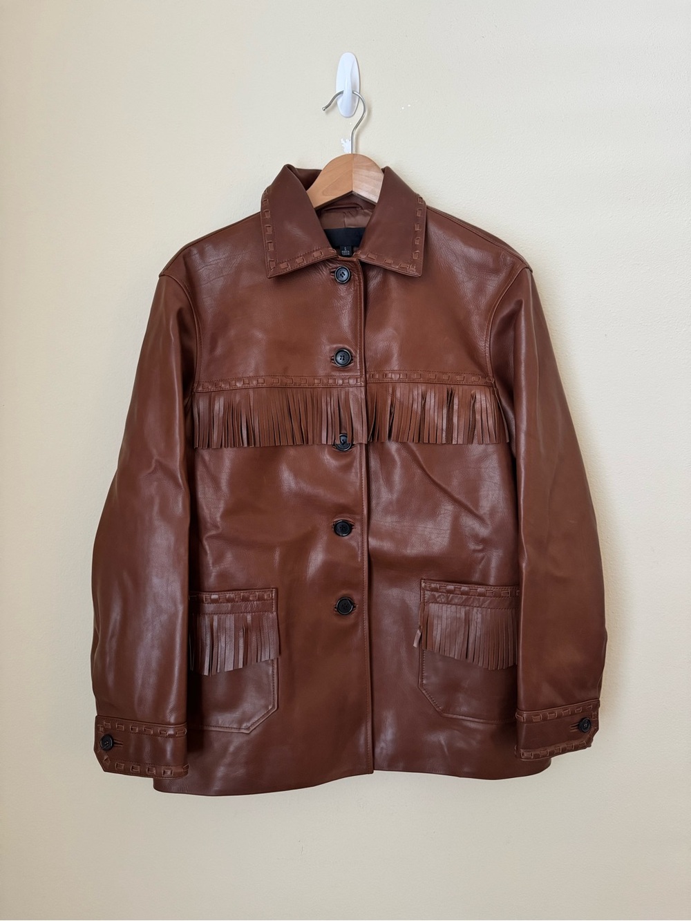 Nili Lotan Gus Fringe Leather Jacket Brown Small